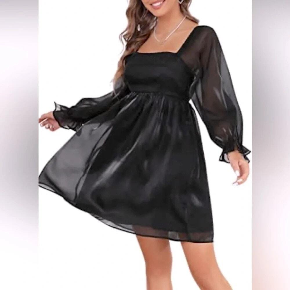 Thirty Thirty Black Baby Doll Mini‎ Dress Sheer Sleeves Sz XL LBD Whimsy Goth